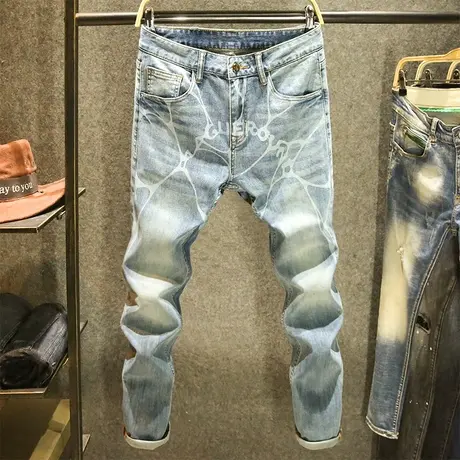 潮牌个性印花牛仔裤男修身韩版小脚裤春夏新款潮流水洗弹力长裤子商品大图