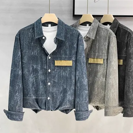 美式复古男士仿牛仔衬衫长袖外套春秋季新款潮流宽松渐变色衬衣男商品大图