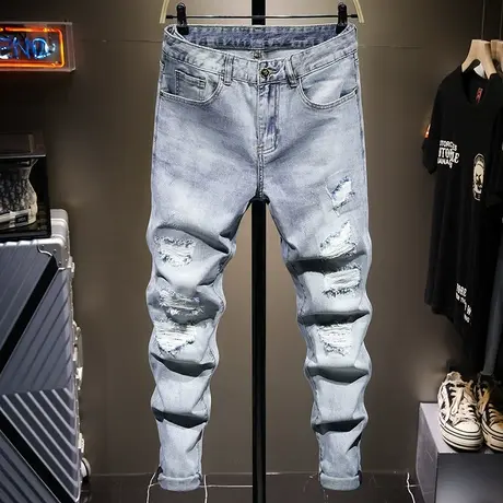 夏季薄款浅色潮牌破洞牛仔裤男修身小脚乞丐裤子男士百搭韩版潮流商品大图