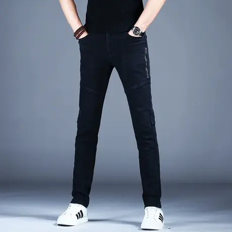 秋冬黑色拼接牛仔裤男款修身小脚破洞裤子美式高街潮牌潮流休闲裤商品大图