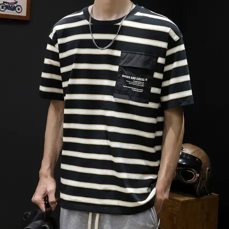 条纹短袖t恤男夏季宽松男士体恤男装2024新款大码半袖加肥加大潮商品大图