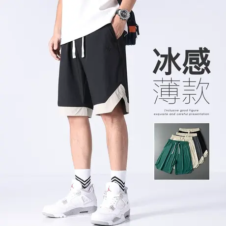 夏天撞色开叉五分休闲短裤夏季薄款男士冰丝运动中裤子外穿大裤衩商品大图