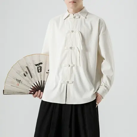 2023秋季男长袖衬衫盘扣复古灯芯绒新中式唐装宽松加肥加大码衬衣商品大图