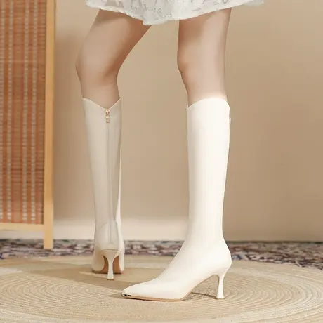 不过膝高跟长靴女2024新款冬季网红百搭尖头细跟后拉链长筒瘦瘦靴图片