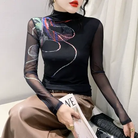 欧货秋冬2024新款T恤网纱印花洋气减龄内塔上衣女修身长袖打底衫商品大图