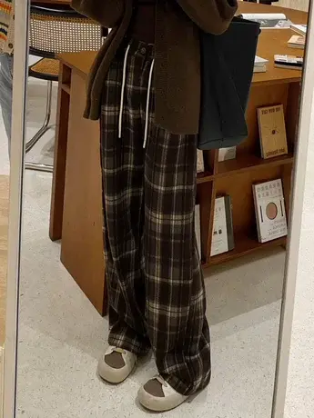 加厚格子毛呢裤女秋冬款宽松直筒拖地长裤高腰显瘦加绒阔腿休闲裤图片