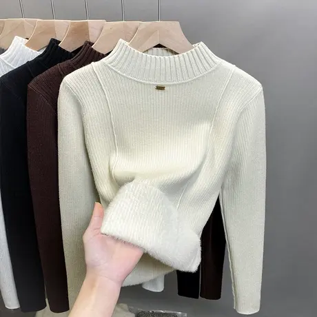 一体绒半高领毛衣女加绒加厚打底衫2023秋冬新款针织衫内搭上衣潮商品大图
