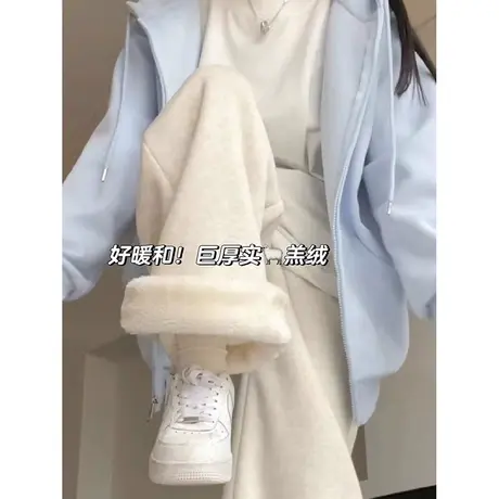羊羔绒加绒卫裤女加厚秋冬美式灰色运动裤宽松阔腿休闲束脚糯米裤图片