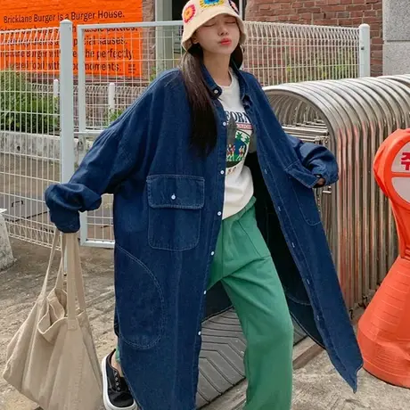 纯诗曼新款牛仔风衣外套女过膝长款韩版宽松大码时尚休闲牛仔衬衫商品大图