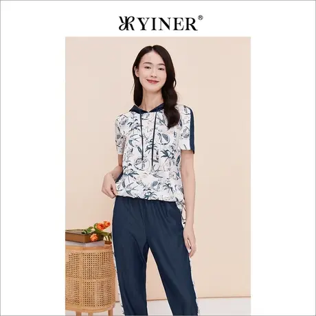 YINER音儿线上专选女装2023夏季短袖印花T恤抽绳连帽运动风图片