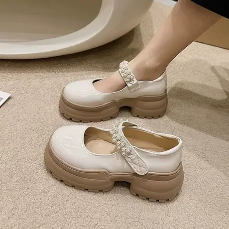 日系厚底增高单鞋女2024春季新款时尚复古珍珠一字带Jk玛丽珍鞋潮商品大图