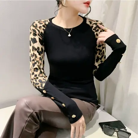 春装2024新款T恤女圆领豹纹拼接气质减龄长袖时尚修身上衣打底衫图片