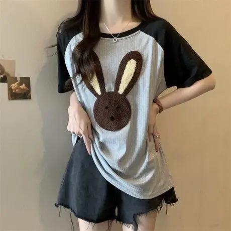 撞色拼接插肩短袖T恤女夏天宽松百搭半袖上衣卡通刺绣打底衫潮ins图片