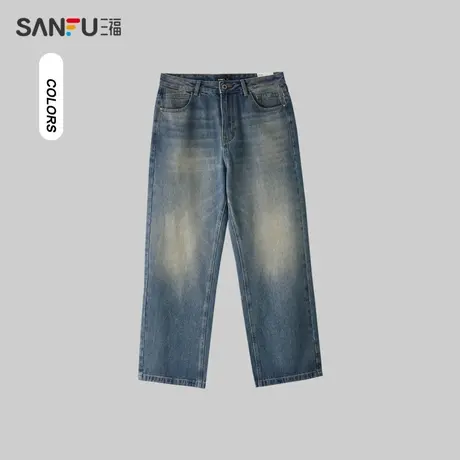三福2024春季男士洗水设计牛仔裤 街头潮流宽松直筒长裤482275图片