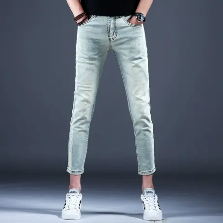 复古做旧九分牛仔裤男款小脚修身裤子潮流男士2024新款春秋休闲裤图片