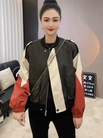 2024春秋新款拼接撞色派克服工装短外套女士冲锋衣宽松大口袋夹克图片