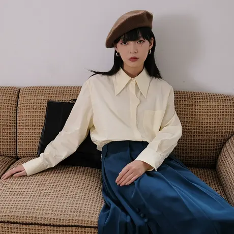 omont蛋挞家 复古湖蓝尖领长袖衬衫女秋季设计感港风衬衣通勤上衣商品大图