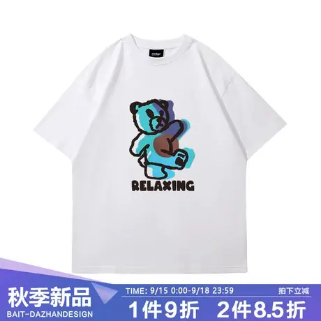 夏季新款原宿风涂鸦小熊纯棉短袖T恤女宽松设计感半袖上衣ins潮牌商品大图
