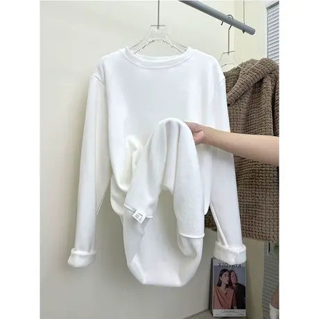 加绒白色打底衫女秋冬内搭2022新款保暖宽松百搭磨毛长袖t恤上衣商品大图