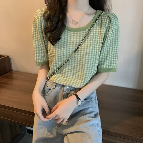 冰丝设计感格子短袖t恤女2023新款夏季薄款针织衫正肩短款上衣服图片