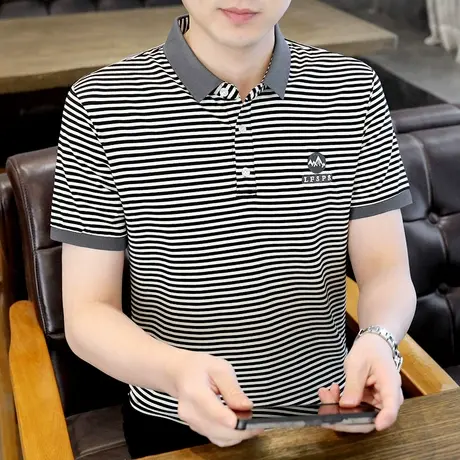 男装2024新款短袖t恤潮流刺绣翻领上衣男夏季高端休闲条纹POLO衫商品大图