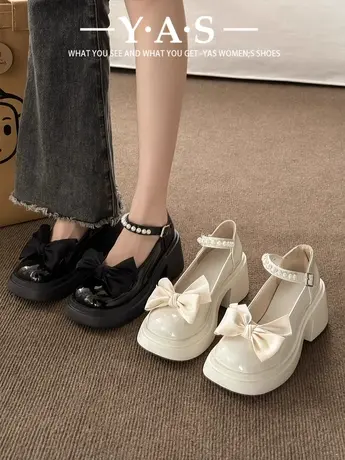 法式玛丽珍小皮鞋女2024春新款厚底增高蝴蝶结配裙子粗跟高跟单鞋商品大图