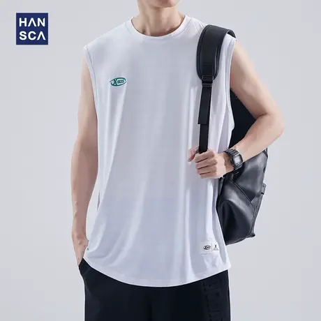 hansca 冰丝速干背心男夏季薄款潮牌宽松圆领健身无袖坎肩白色T恤商品大图