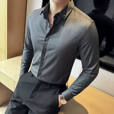 气质英伦风竖条纹显瘦衬衫男长袖春秋双层暗门襟商务通勤免烫寸衣商品大图