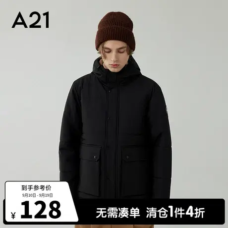 A21outlets男装连帽长袖棉服外套2022秋冬季黑色加厚保暖休闲棉衣商品大图