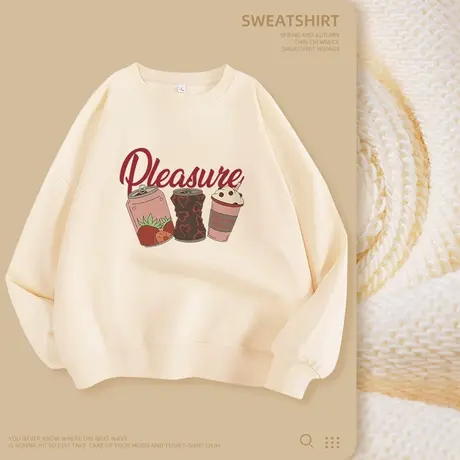 春秋款卫衣女2023年新款秋季圆领女生衣服宽松薄款米色设计感上衣商品大图