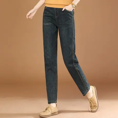 韩潮袭人松紧腰复古宽松牛仔长裤女2023秋季新款百搭显瘦哈伦裤商品大图