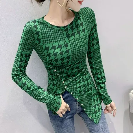 时尚不规则开叉打底衫女春秋千鸟格印花上衣设计感小众T恤女长袖商品大图