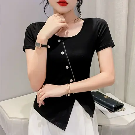 设计感小众分叉T恤女短袖欧货不规则下摆上衣修身纯色百搭半袖潮商品大图