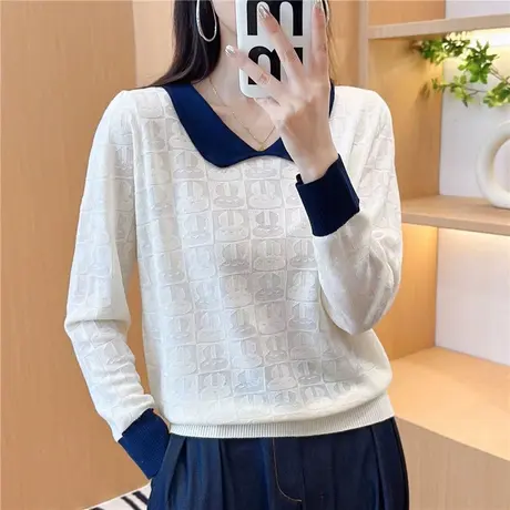 娃娃领拼色针织打底衫2023秋季新款薄款ins风洋气减龄套头毛衣女商品大图