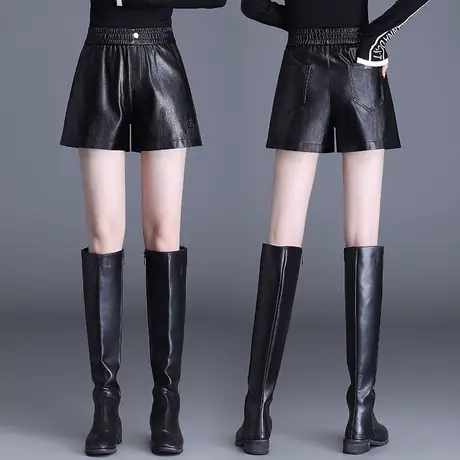 黑色皮短裤女秋季2023新款松紧腰PU皮裤阔腿裤显瘦百搭休闲靴裤子图片