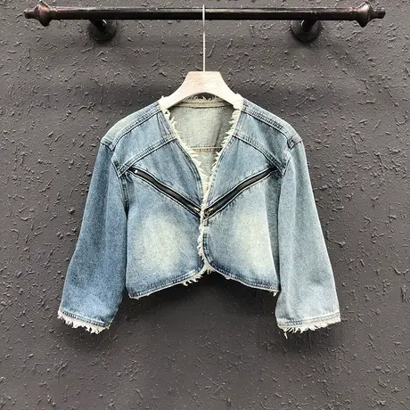 短款辣妹装休闲v领牛仔外套女2023春季新款时尚显瘦七分袖上衣潮图片