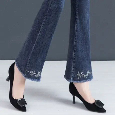 高腰喇叭裤女秋季修身显瘦休闲裤刺绣毛边2023新款时尚垂坠感长裤图片