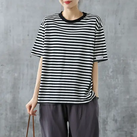dza文艺宽松横条纹纯棉T恤女短袖T桖2022新款夏韩版休闲半袖上衣商品大图