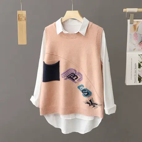 学院风圆领针织马甲女春秋新款2023叠穿坎肩无袖毛衣背心外搭上衣商品大图