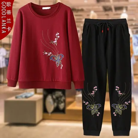 中老年女装绣花卫衣套装洋气时尚2022秋装新款大码妈妈卫裤两件套图片