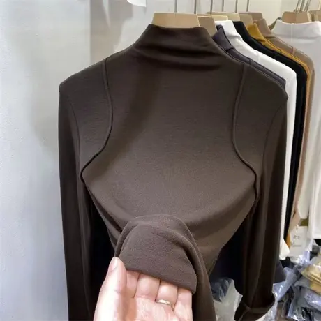 欧货双面德绒打底衫女秋冬新款加绒加厚内搭磨毛保暖高领长袖上衣图片