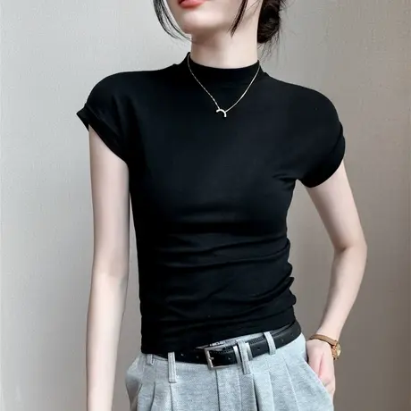 半高领短袖T恤女2023秋季新款纯色修身显瘦打底衫半袖内搭上衣薄商品大图