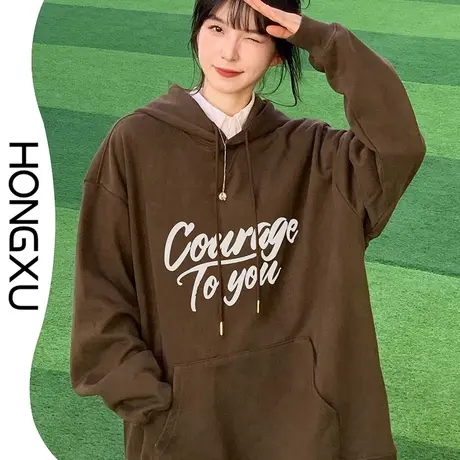 红续冬季美式复古棕色连帽卫衣女款2023新款加绒保暖套头上衣潮商品大图