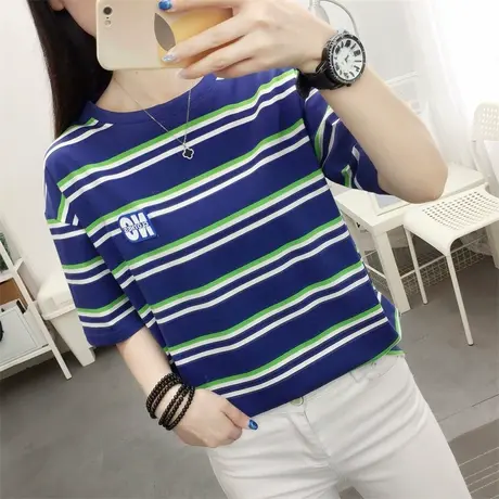 黑白条纹短袖t恤女夏季复古学生别致上衣春秋内搭高级感体恤刺绣图片