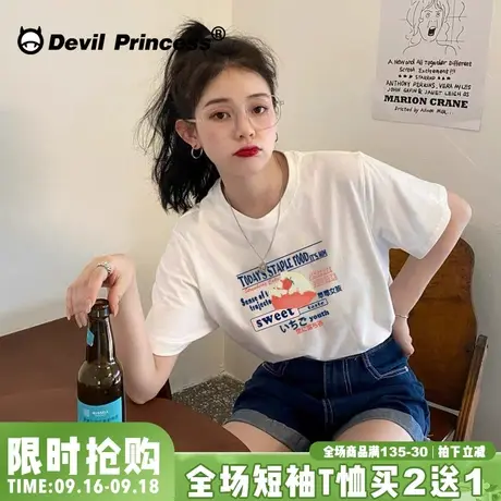 软妹纯棉短袖T恤女chic宽松2023夏季新款小众日系印花ins复古百搭商品大图