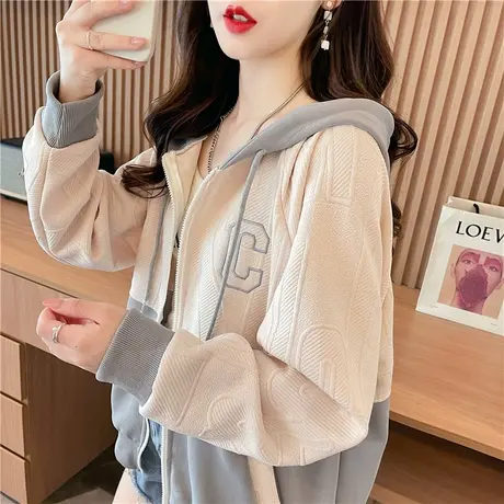 早秋装小个子连帽卫衣女春秋季韩版宽松薄款美式复古撞色开衫外套商品大图