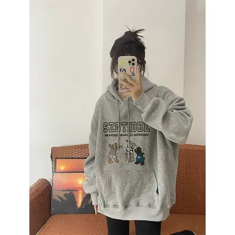 银狐绒设计感连帽卫衣女秋冬加绒加厚ins潮宽松港味chic大码外套商品大图