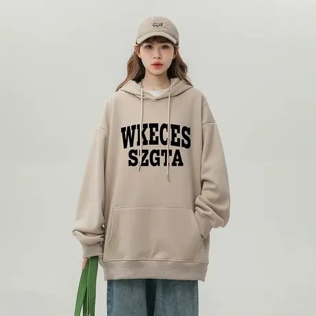 oversize连帽字母印花卫衣女秋冬加绒加厚潮牌设计感宽松大码外套商品大图