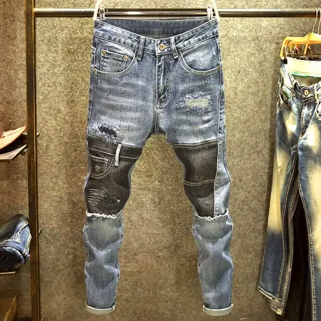 原创设计不规则牛仔裤男修身弹力小脚裤拼接撞色休闲破洞乞丐裤子商品大图