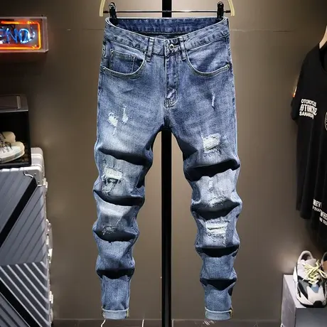 时尚潮牌秋季新款蓝色破洞牛仔裤男修身小脚男士休闲长裤子男韩版商品大图